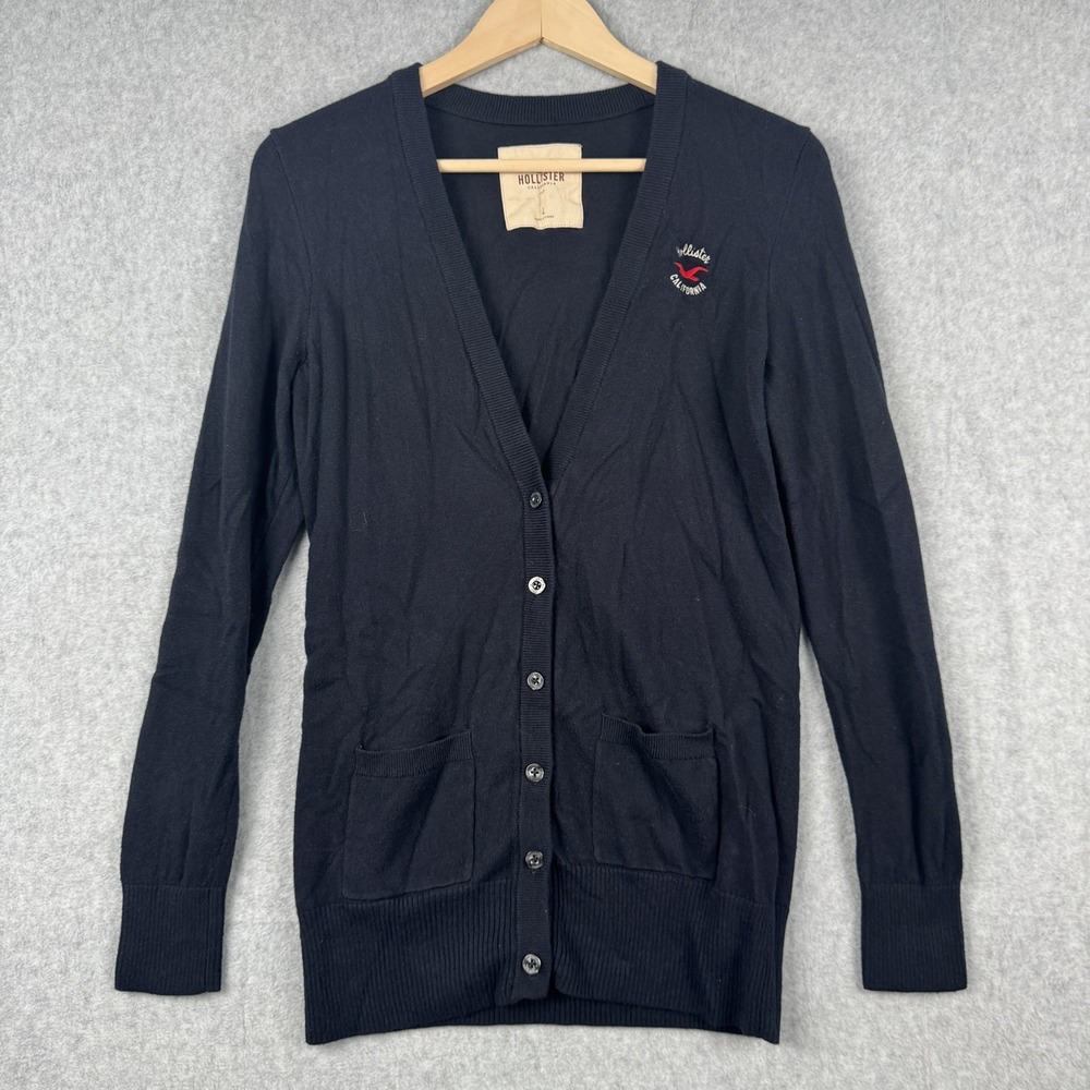 VTG Hollister Cardigan Womens Large Navy Blue Y2K Logo Button‎ V Neck Sweater